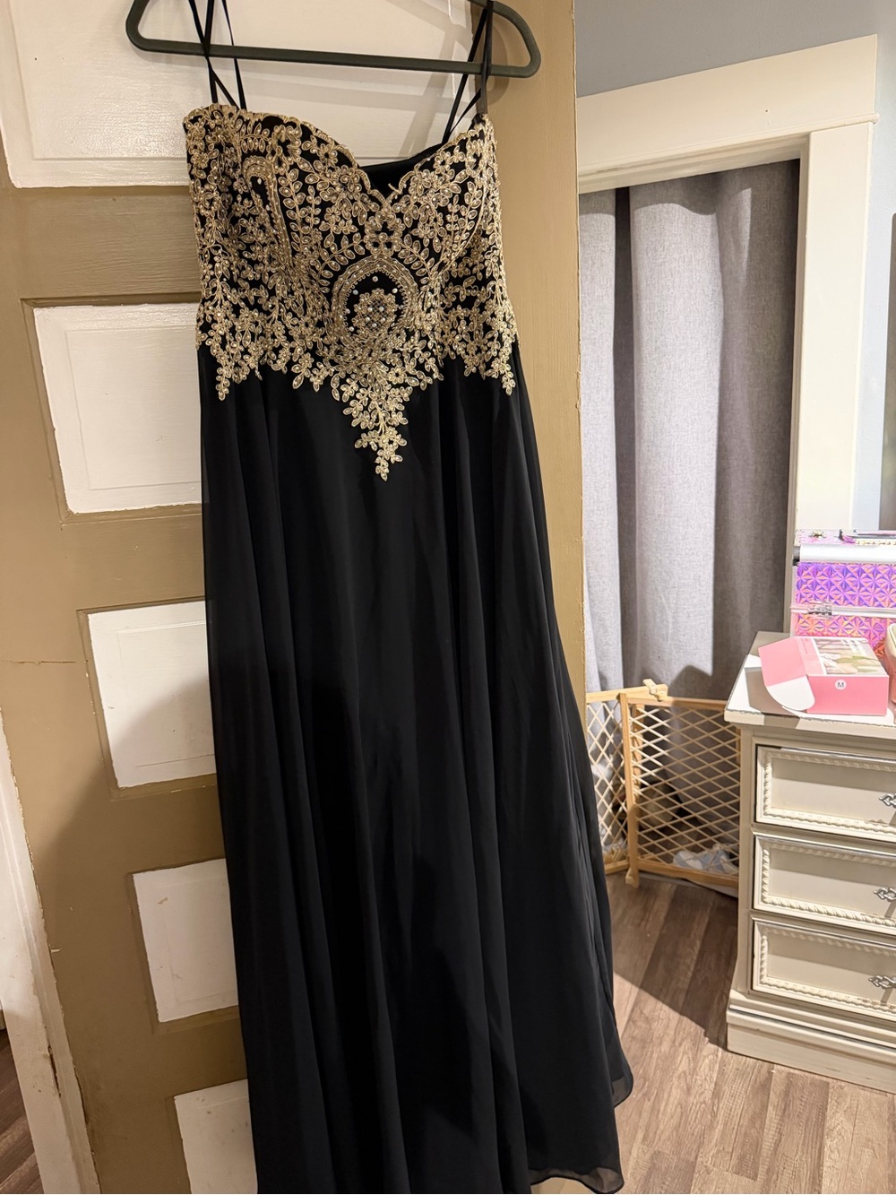 Elegant Black Prom Dress with Gold Embellished Bodice